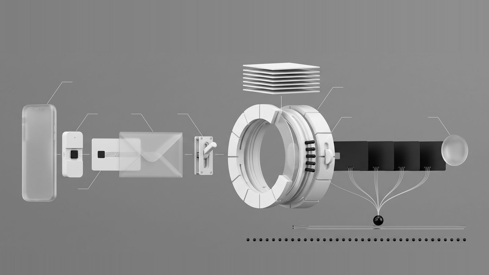 Exploded view of CLEARO: a phone and signing chip, an identity card in a signed envelope, the owner's switch, the public rulebook, the membrane ring, sealed black records, the public log and the offline check lens